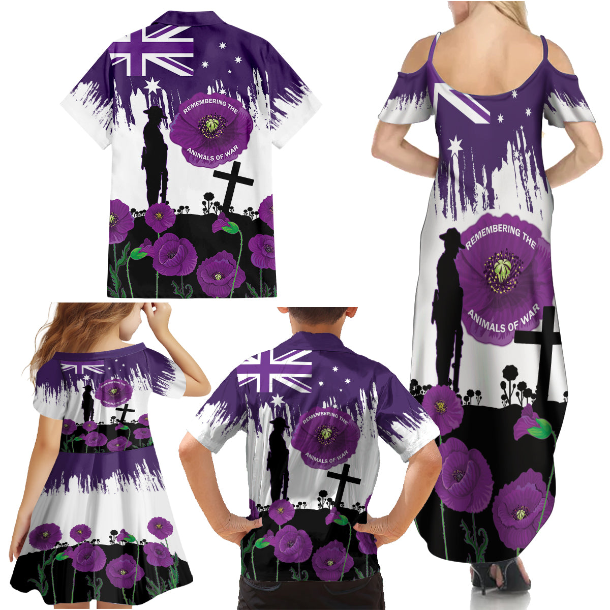 Australia Animal Heroes ANZAC Family Matching Summer Maxi Dress and Hawaiian Shirt Purple Poppy We Will Remember Them