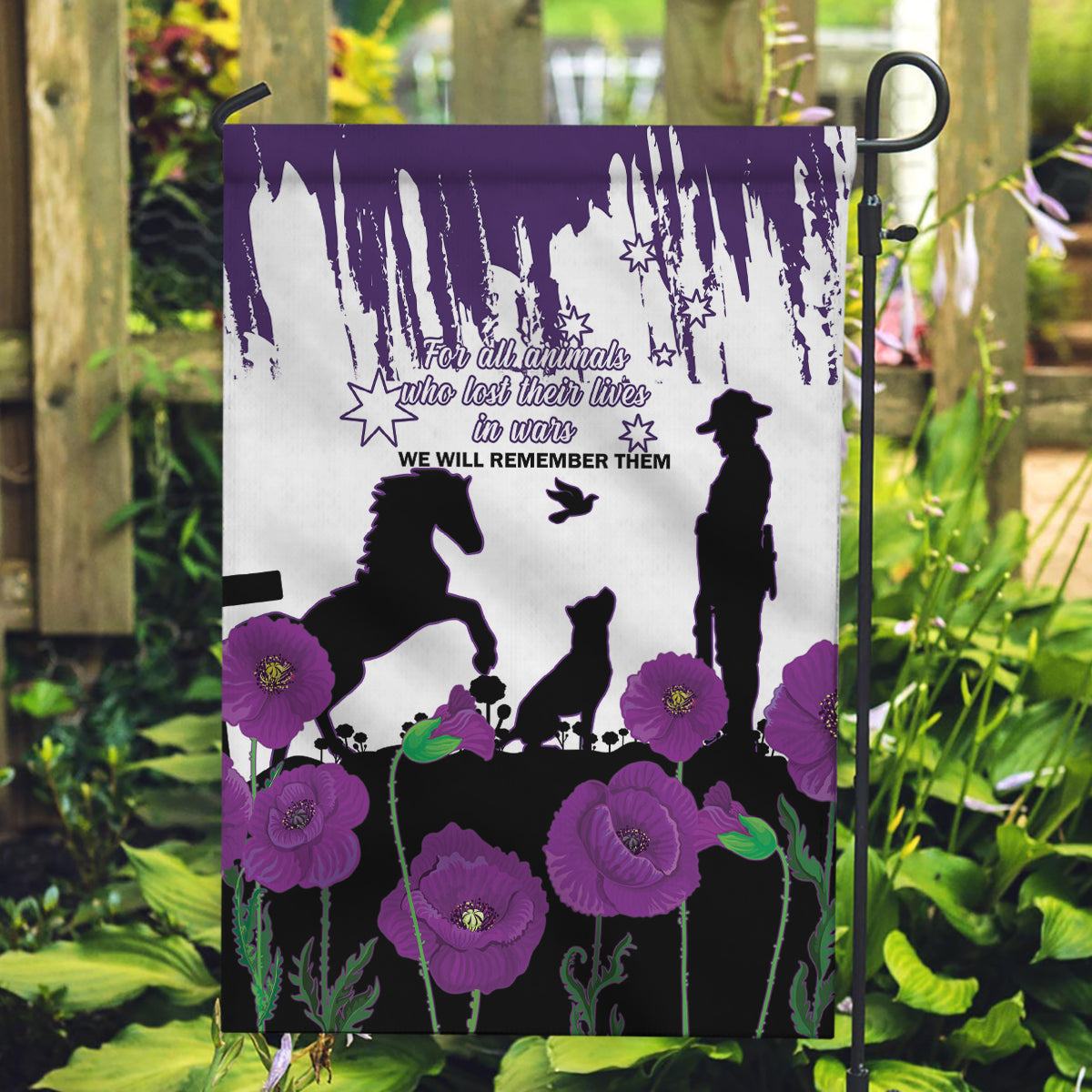 Australia Animal Heroes ANZAC Garden Flag Purple Poppy We Will Remember Them - Vibe Hoodie Shop