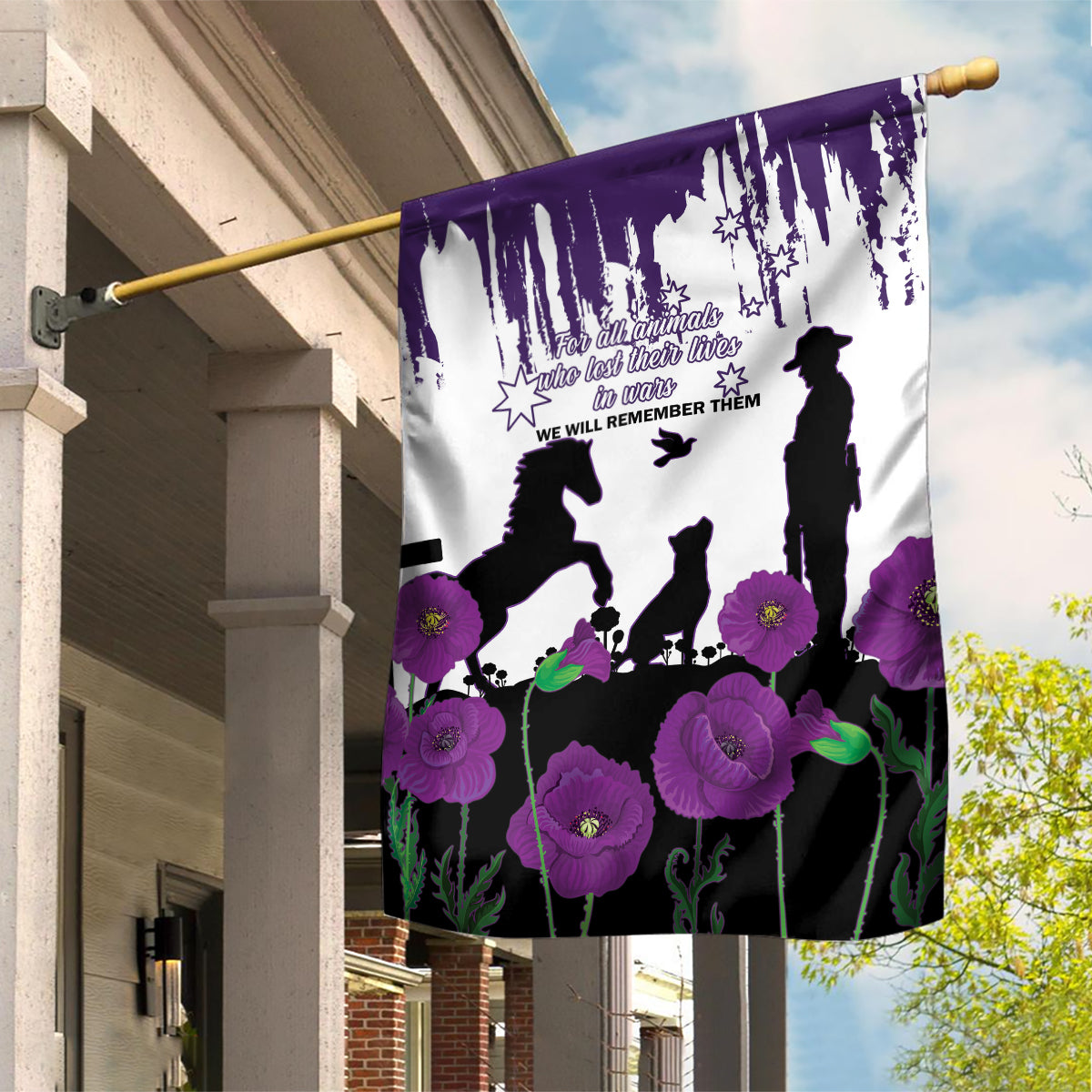 Australia Animal Heroes ANZAC Garden Flag Purple Poppy We Will Remember Them - Vibe Hoodie Shop