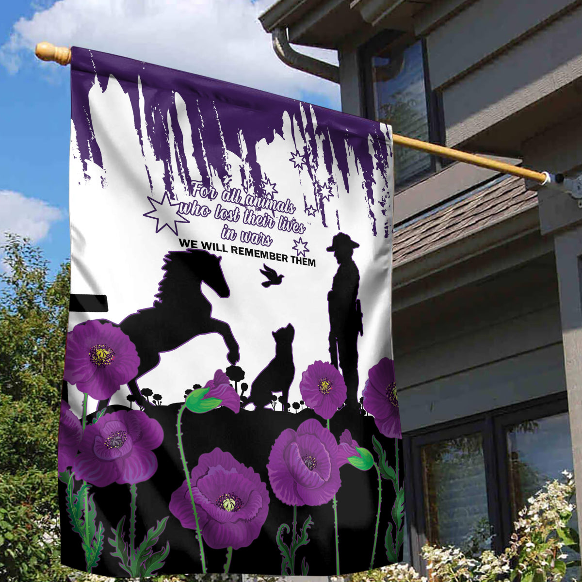 Australia Animal Heroes ANZAC Garden Flag Purple Poppy We Will Remember Them - Vibe Hoodie Shop