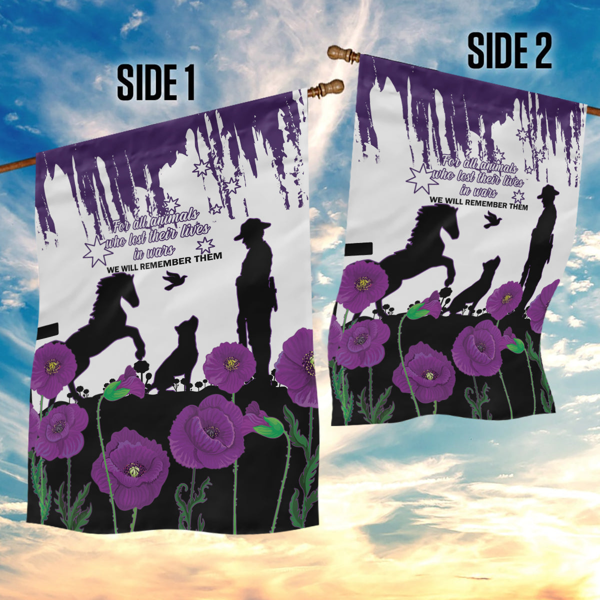 Australia Animal Heroes ANZAC Garden Flag Purple Poppy We Will Remember Them - Vibe Hoodie Shop