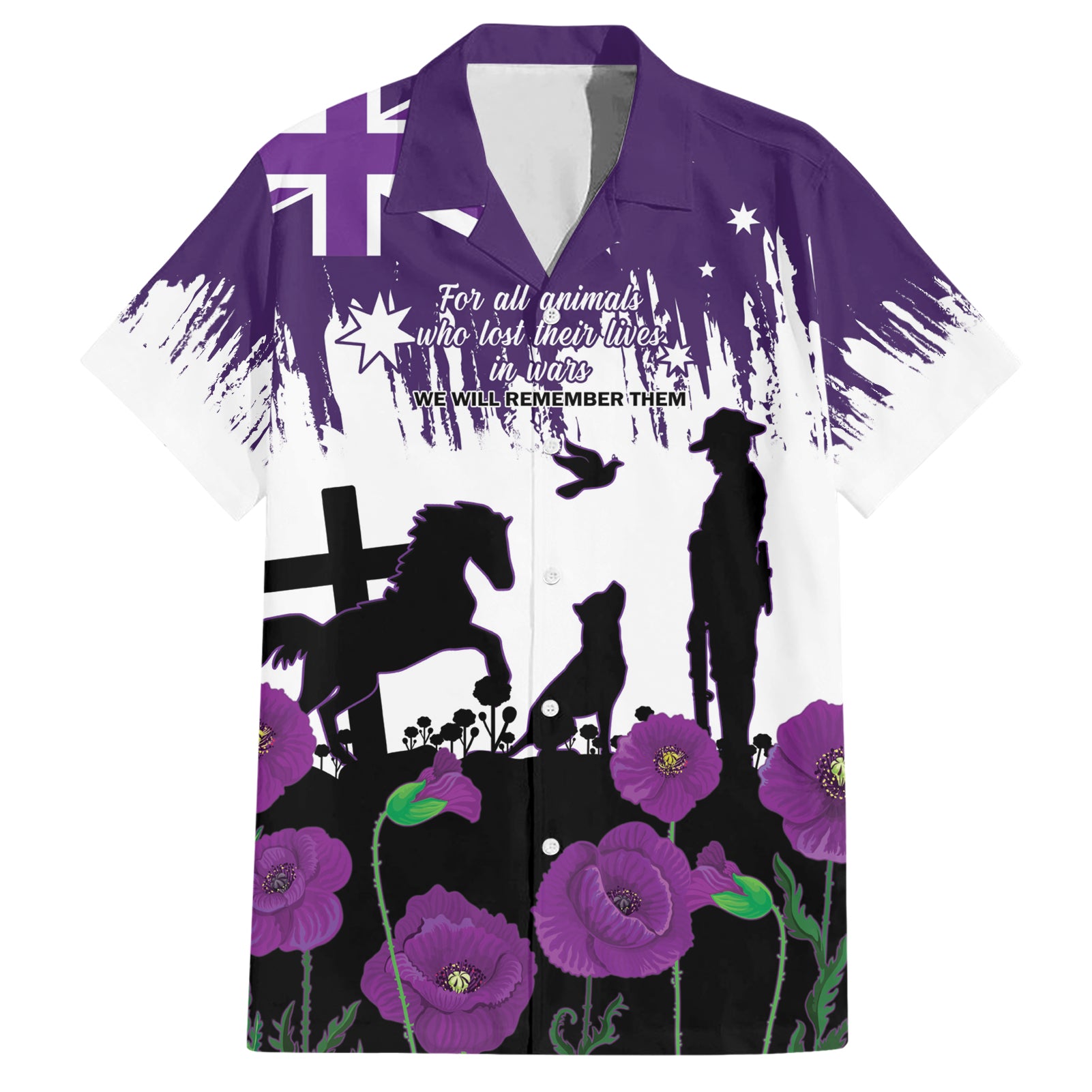 Australia Animal Heroes ANZAC Hawaiian Shirt Purple Poppy We Will Remember Them - Vibe Hoodie Shop