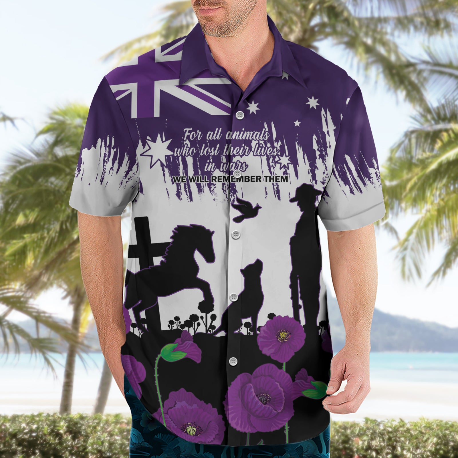 Australia Animal Heroes ANZAC Hawaiian Shirt Purple Poppy We Will Remember Them - Vibe Hoodie Shop