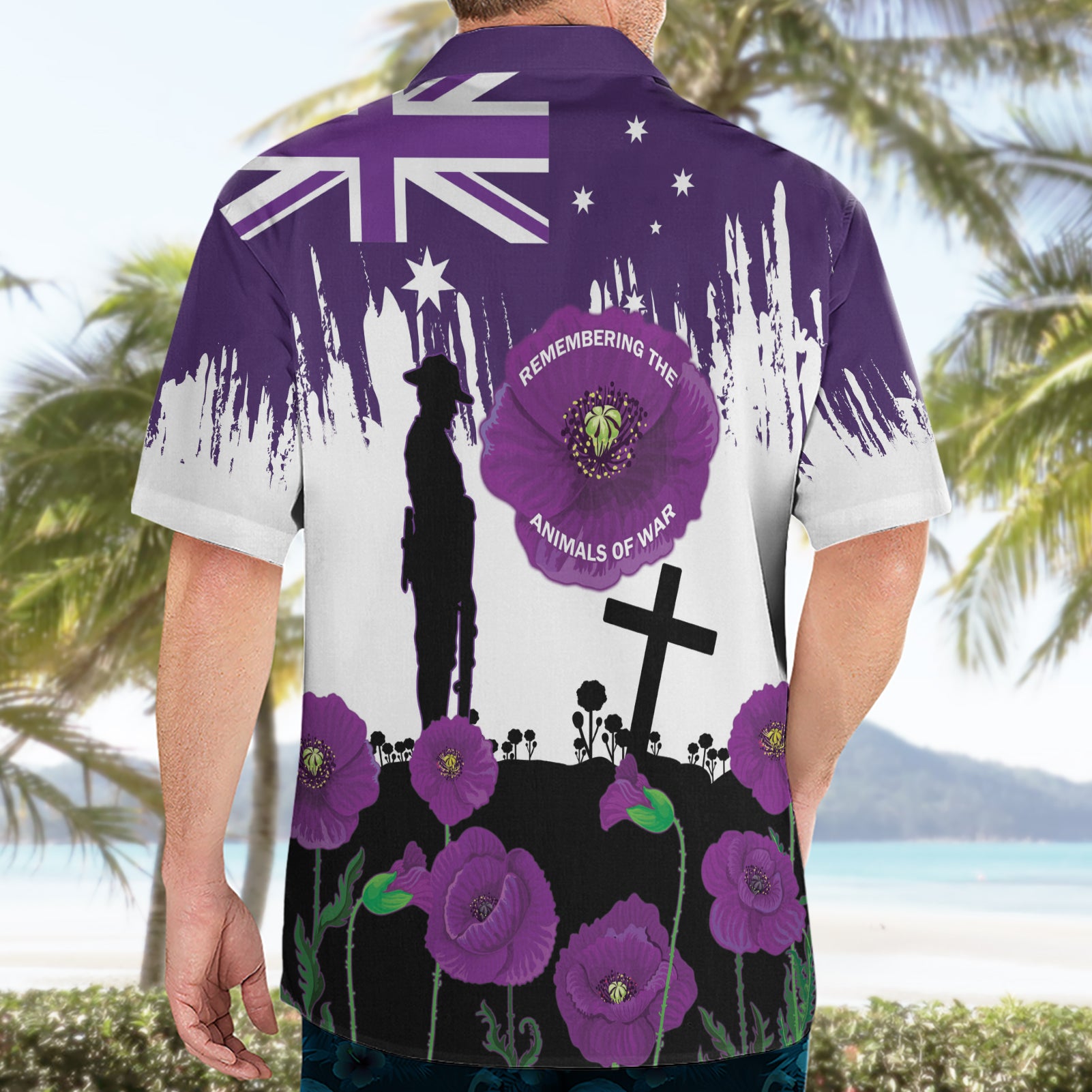 Australia Animal Heroes ANZAC Hawaiian Shirt Purple Poppy We Will Remember Them - Vibe Hoodie Shop