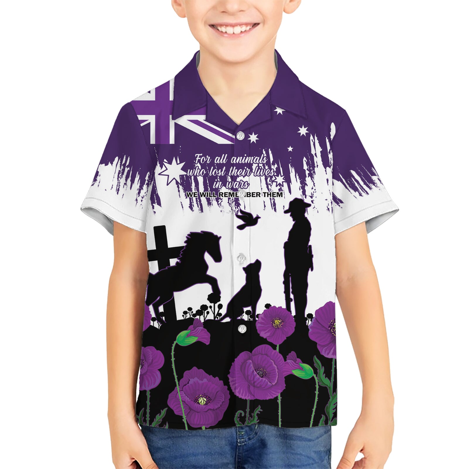 Australia Animal Heroes ANZAC Hawaiian Shirt Purple Poppy We Will Remember Them - Vibe Hoodie Shop