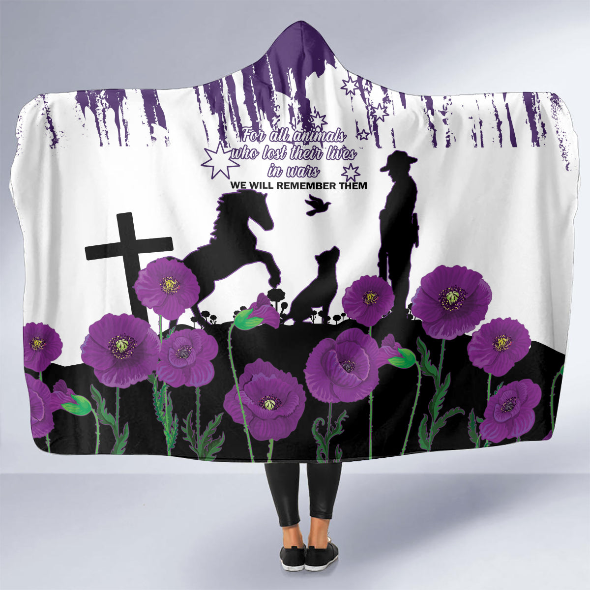Australia Animal Heroes ANZAC Hooded Blanket Purple Poppy We Will Remember Them