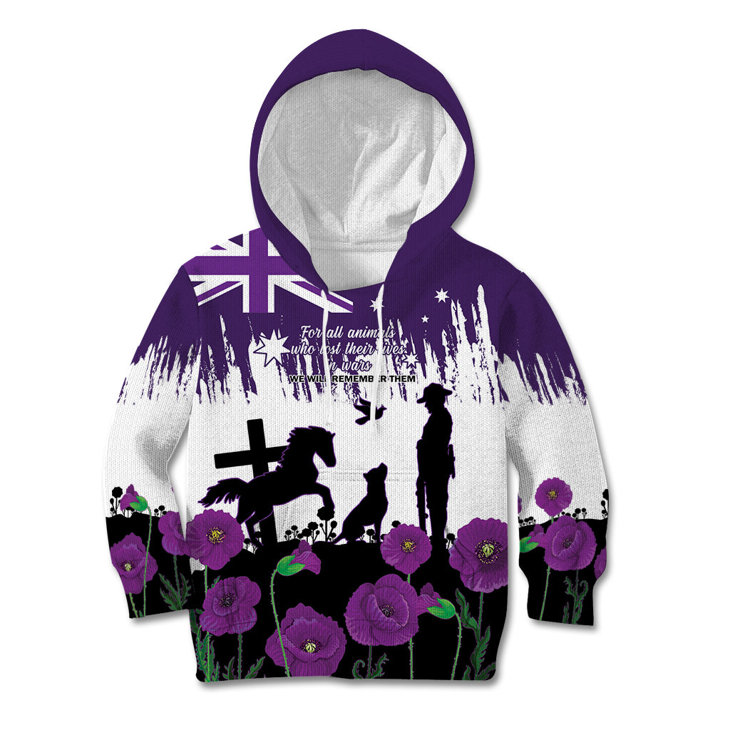 Australia Animal Heroes ANZAC Kid Hoodie Purple Poppy We Will Remember Them - Vibe Hoodie Shop