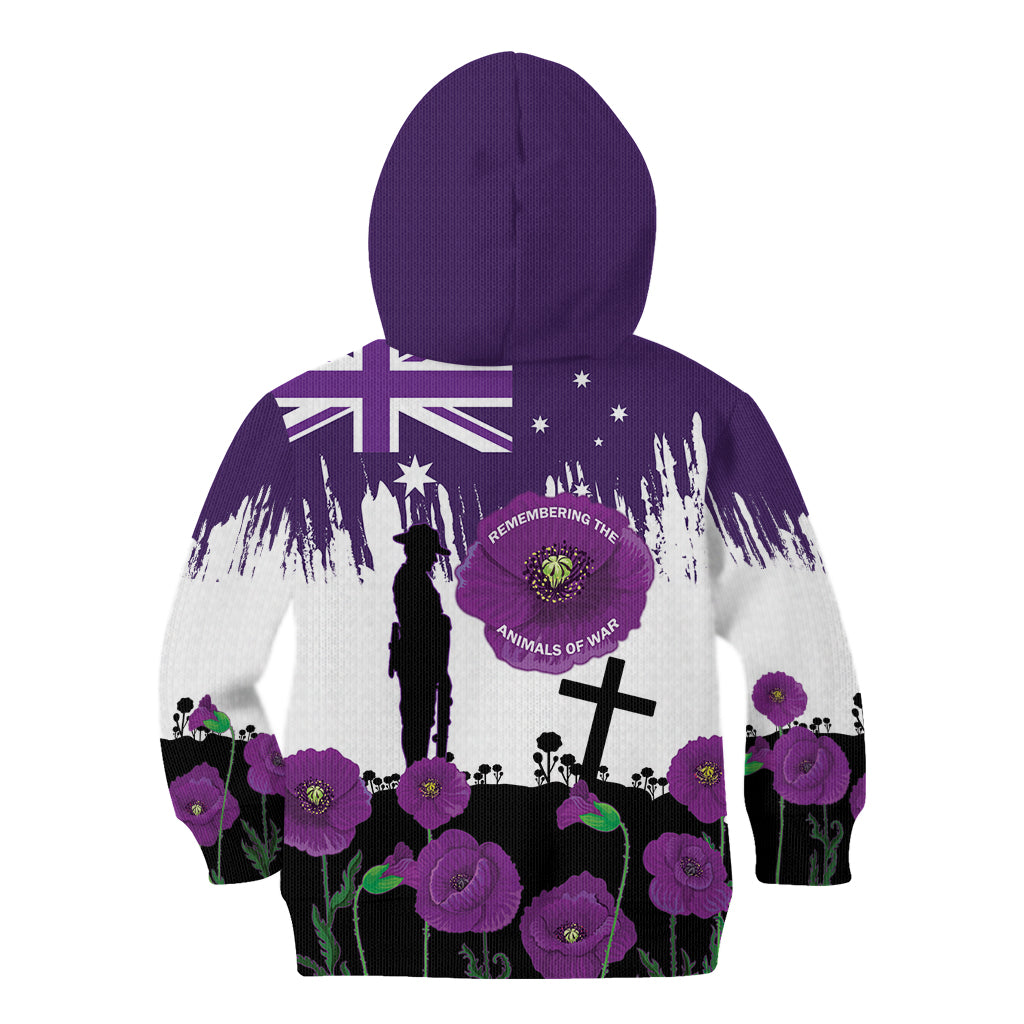 Australia Animal Heroes ANZAC Kid Hoodie Purple Poppy We Will Remember Them - Vibe Hoodie Shop