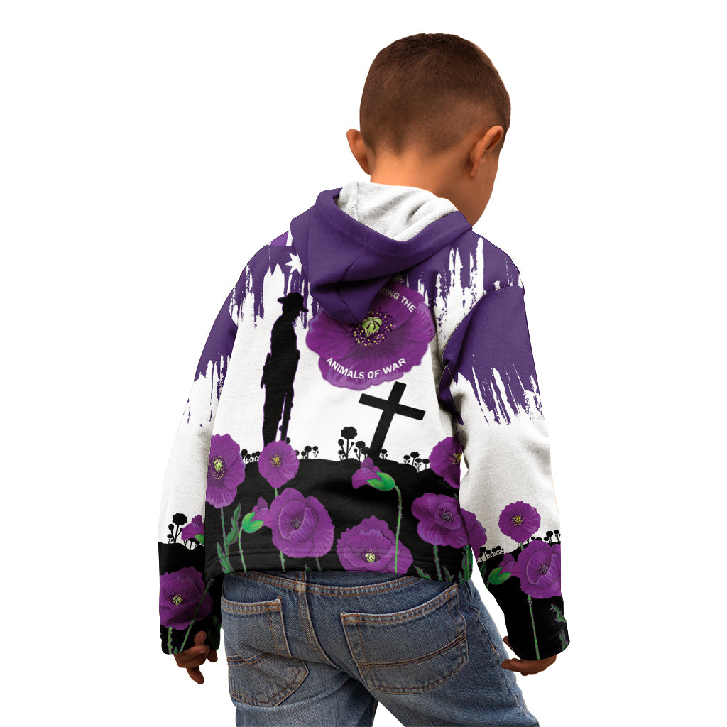 Australia Animal Heroes ANZAC Kid Hoodie Purple Poppy We Will Remember Them - Vibe Hoodie Shop