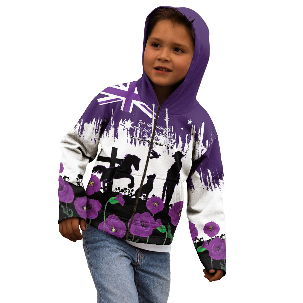 Australia Animal Heroes ANZAC Kid Hoodie Purple Poppy We Will Remember Them - Vibe Hoodie Shop