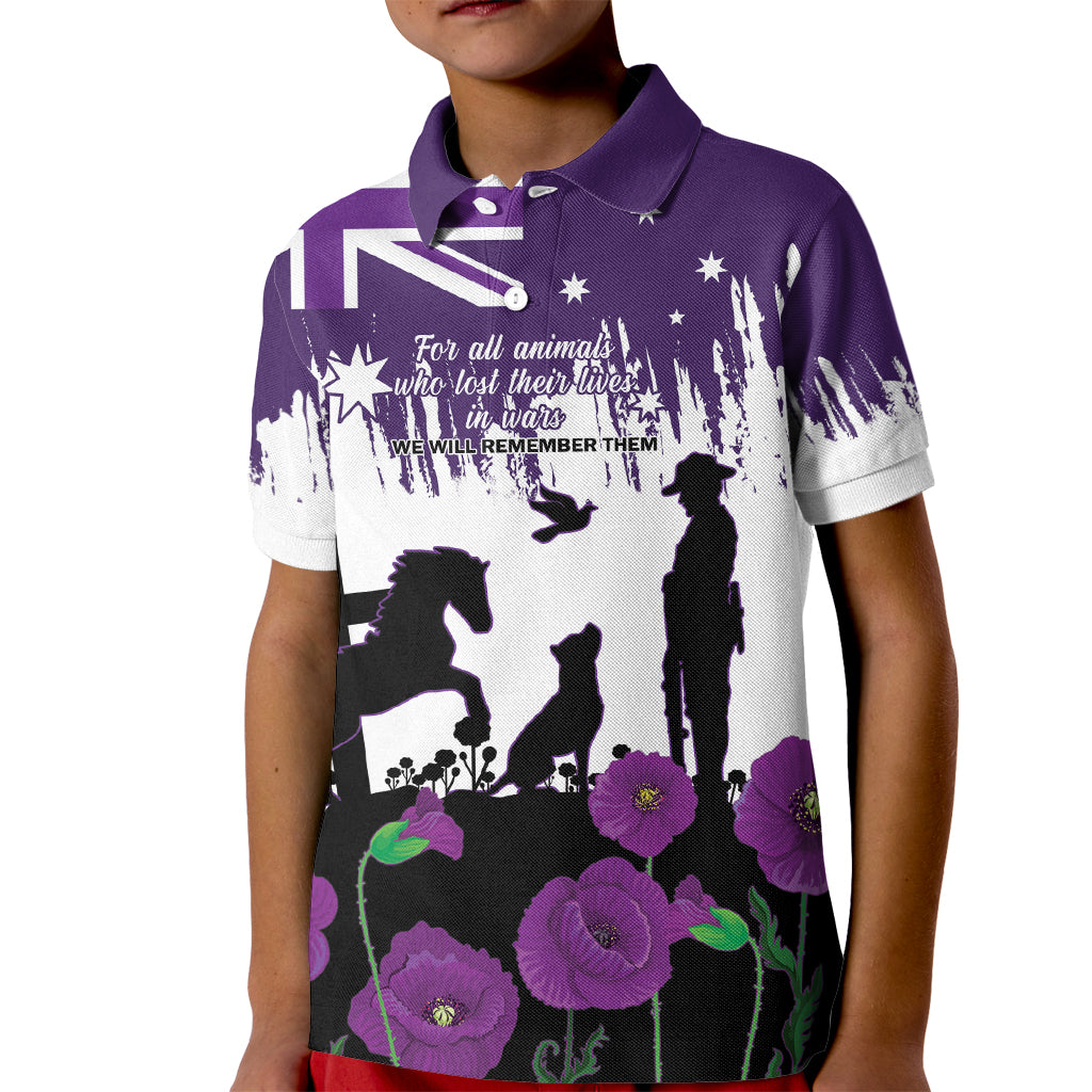 Australia Animal Heroes ANZAC Kid Polo Shirt Purple Poppy We Will Remember Them - Vibe Hoodie Shop