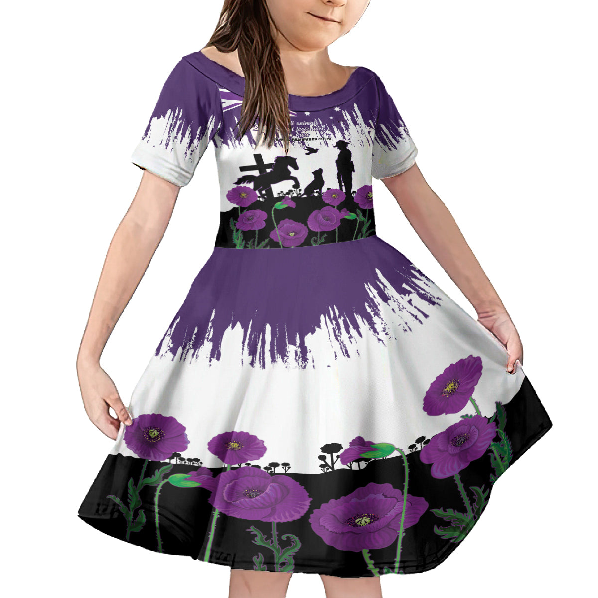 Australia Animal Heroes ANZAC Kid Short Sleeve Dress Purple Poppy We Will Remember Them - Vibe Hoodie Shop