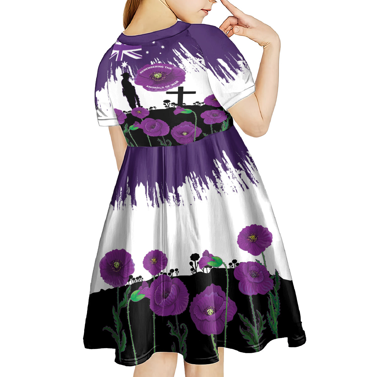 Australia Animal Heroes ANZAC Kid Short Sleeve Dress Purple Poppy We Will Remember Them - Vibe Hoodie Shop