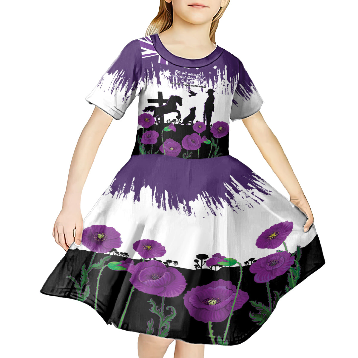 Australia Animal Heroes ANZAC Kid Short Sleeve Dress Purple Poppy We Will Remember Them - Vibe Hoodie Shop