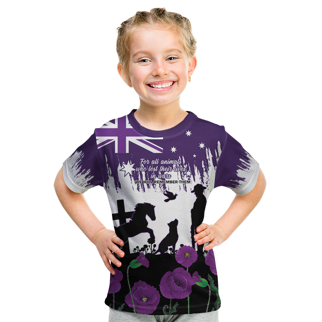 Australia Animal Heroes ANZAC Kid T Shirt Purple Poppy We Will Remember Them - Vibe Hoodie Shop