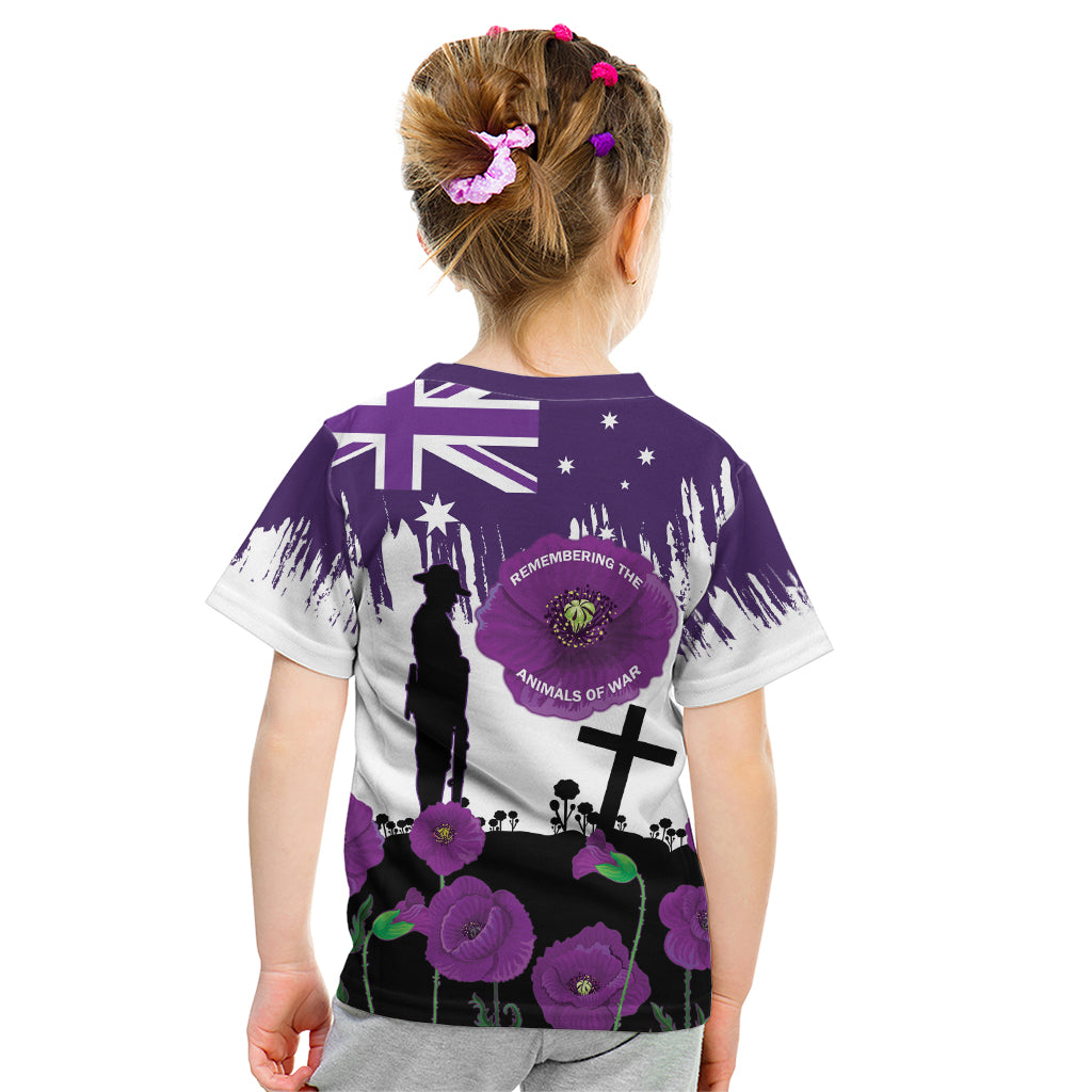 Australia Animal Heroes ANZAC Kid T Shirt Purple Poppy We Will Remember Them - Vibe Hoodie Shop