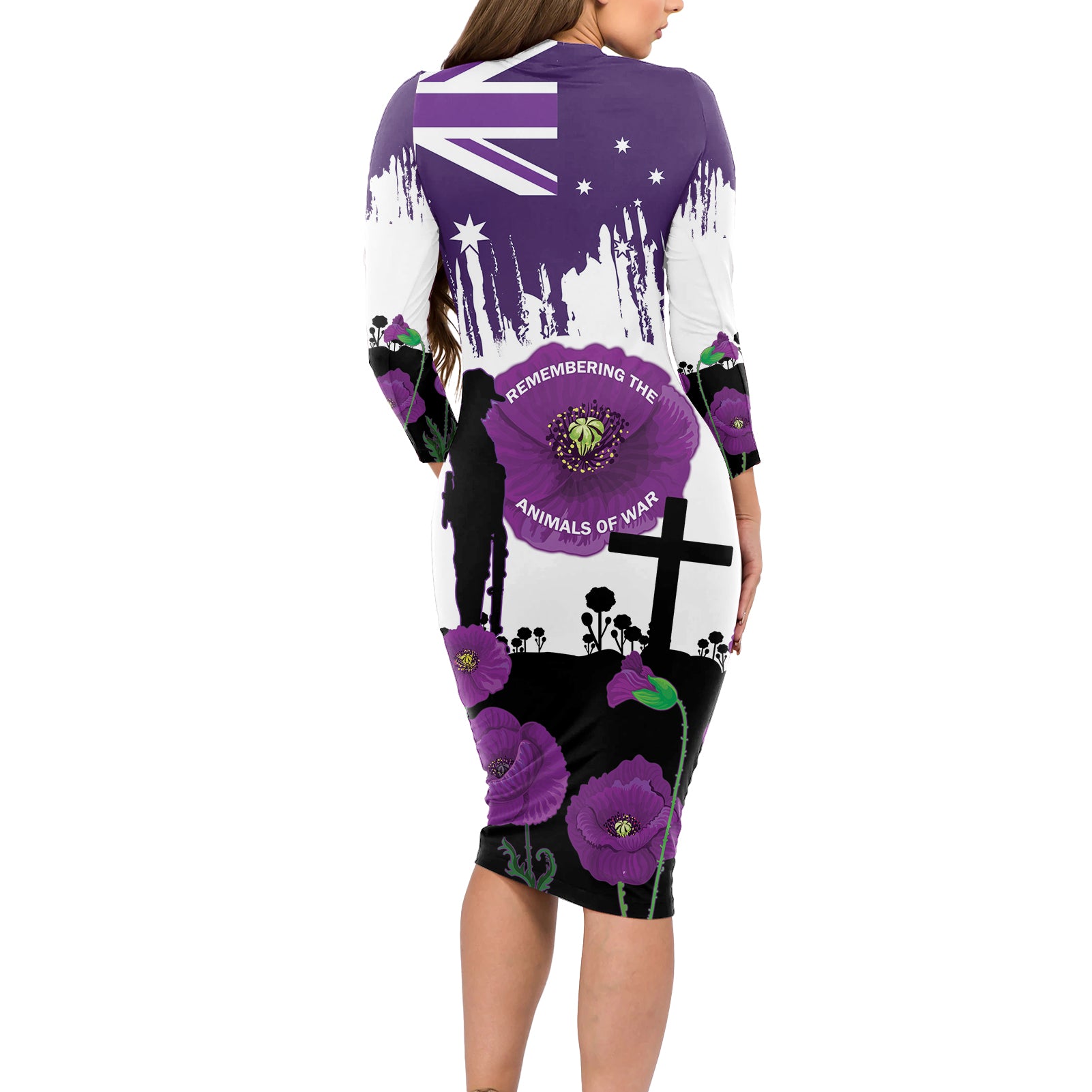 Australia Animal Heroes ANZAC Long Sleeve Bodycon Dress Purple Poppy We Will Remember Them