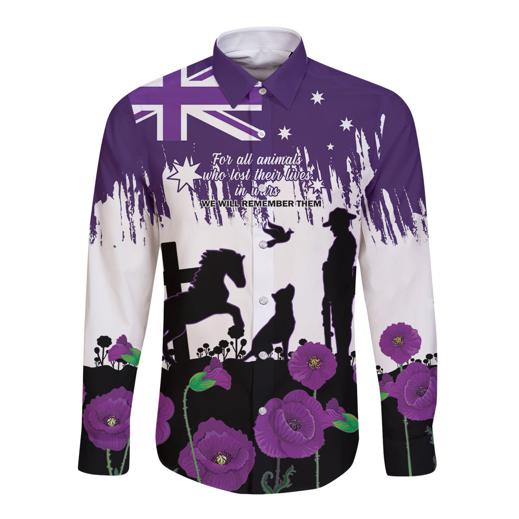 Australia Animal Heroes ANZAC Long Sleeve Button Shirt Purple Poppy We Will Remember Them - Vibe Hoodie Shop