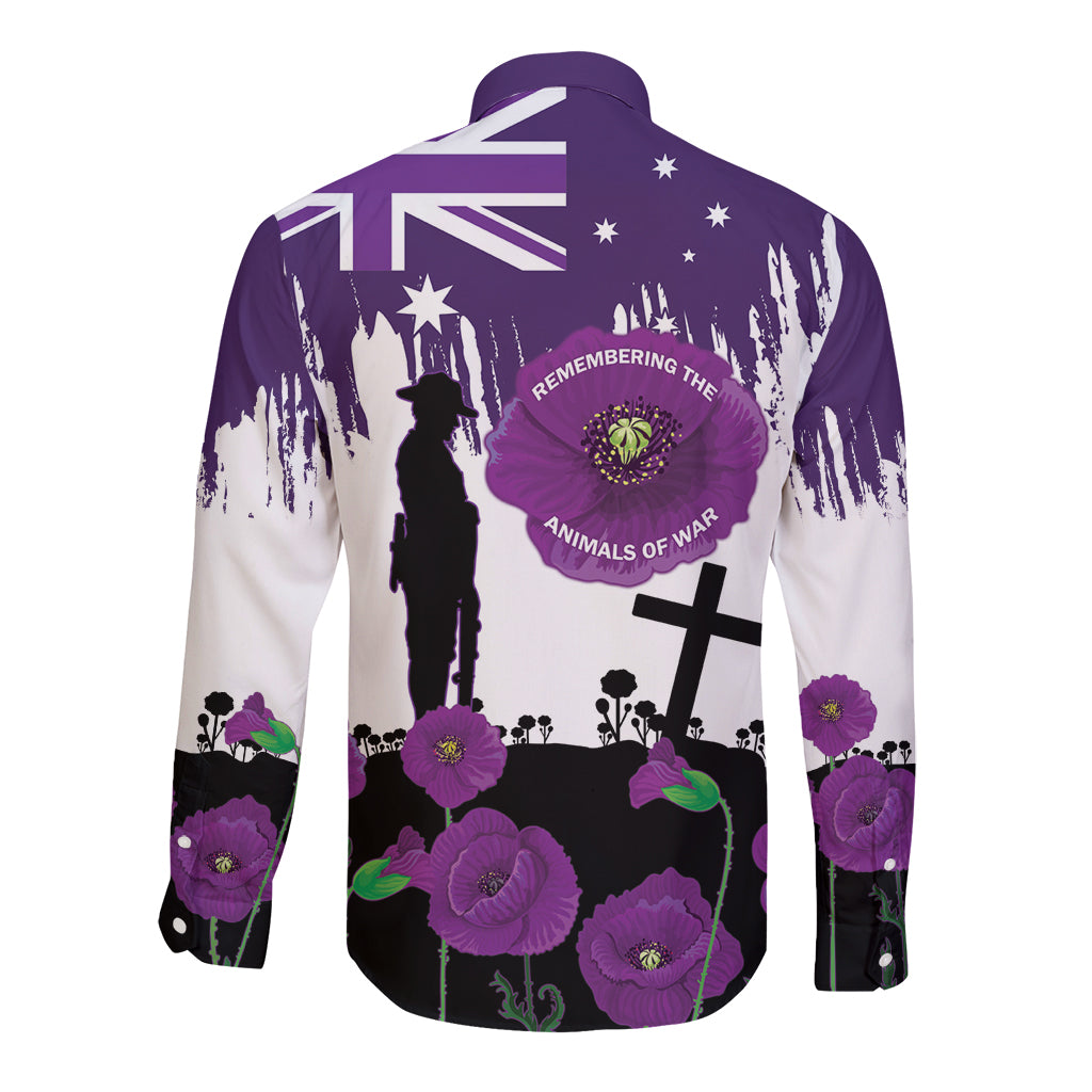 Australia Animal Heroes ANZAC Long Sleeve Button Shirt Purple Poppy We Will Remember Them - Vibe Hoodie Shop