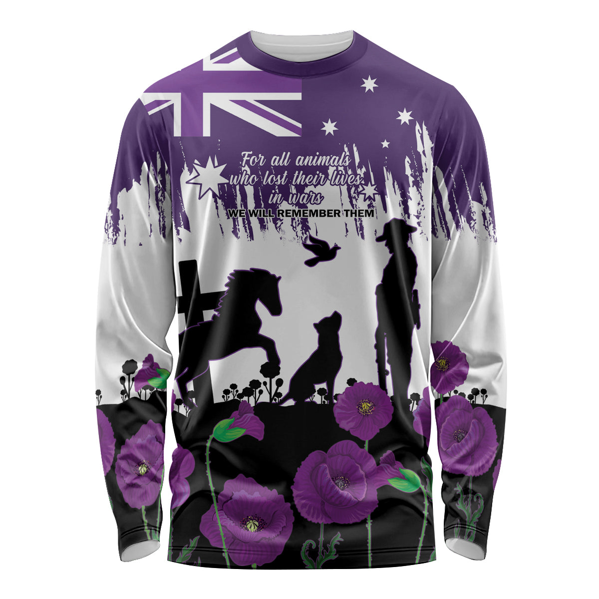 Australia Animal Heroes ANZAC Long Sleeve Shirt Purple Poppy We Will Remember Them - Vibe Hoodie Shop
