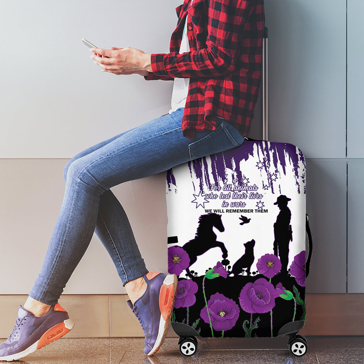 Australia Animal Heroes ANZAC Luggage Cover Purple Poppy We Will Remember Them - Vibe Hoodie Shop