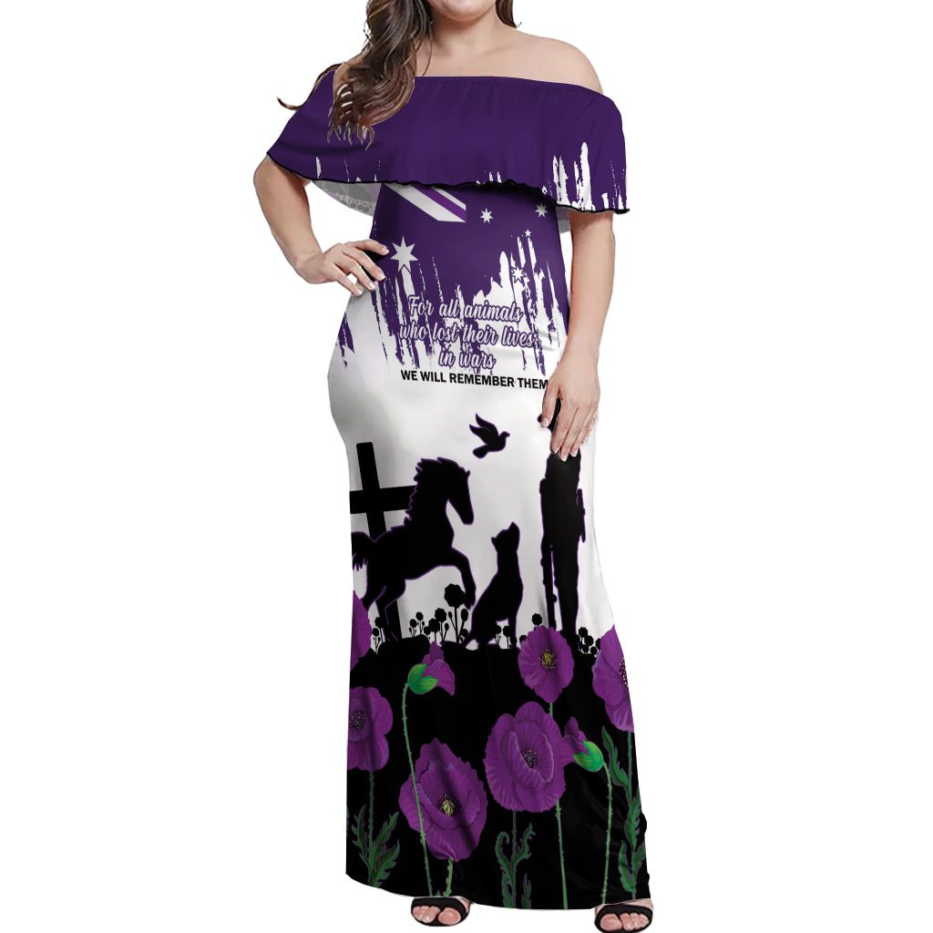 Australia Animal Heroes ANZAC Off Shoulder Maxi Dress Purple Poppy We Will Remember Them