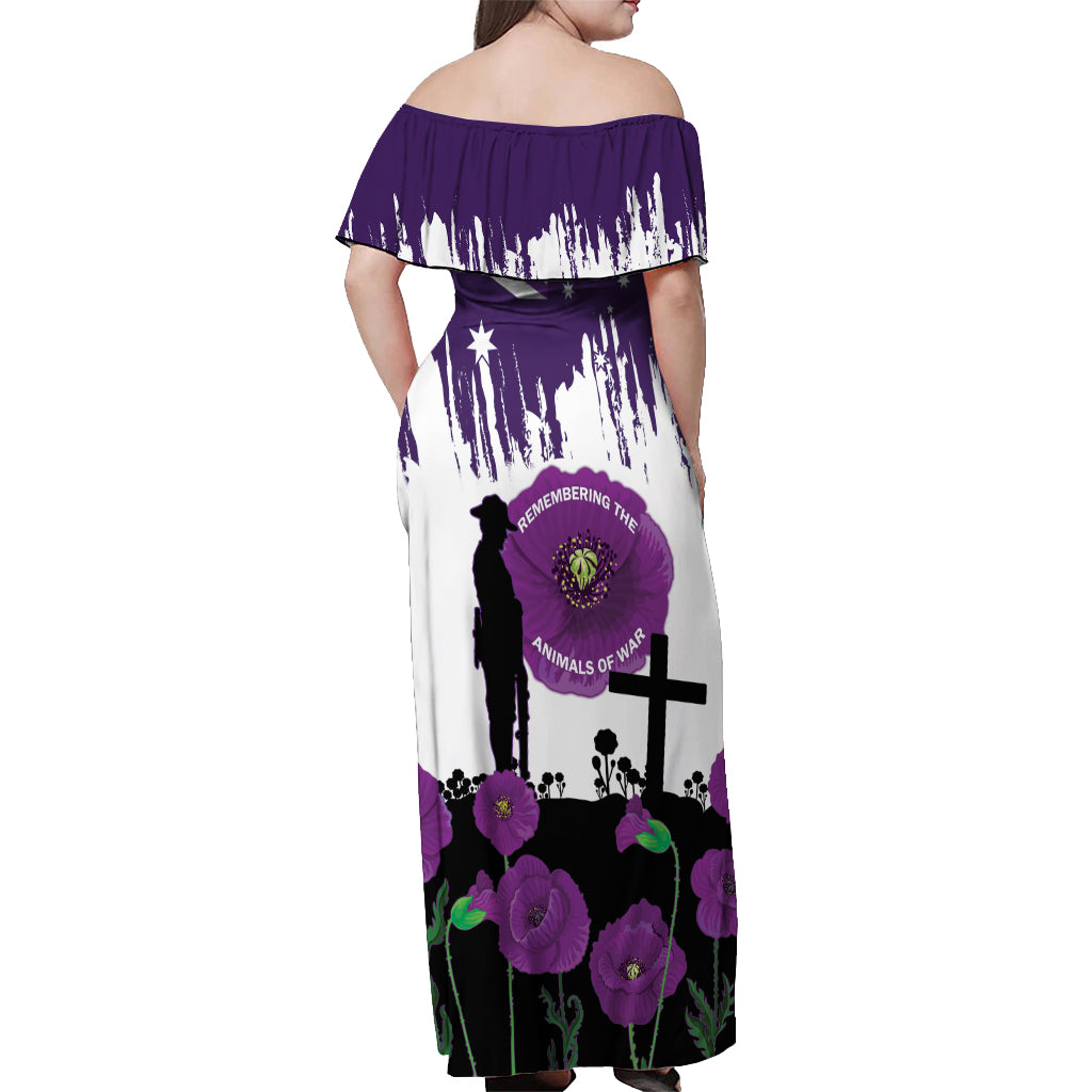 Australia Animal Heroes ANZAC Off Shoulder Maxi Dress Purple Poppy We Will Remember Them