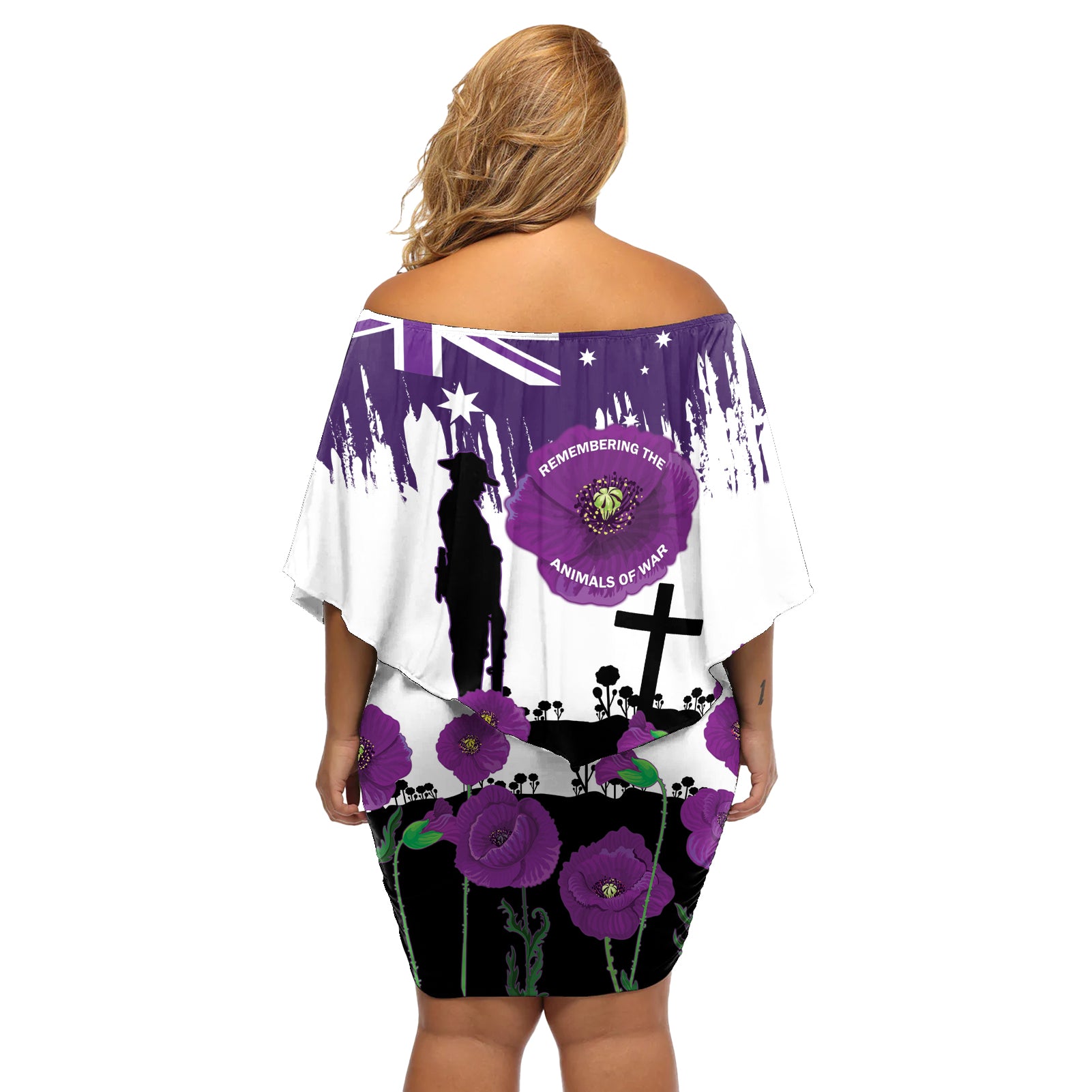 Australia Animal Heroes ANZAC Off Shoulder Short Dress Purple Poppy We Will Remember Them