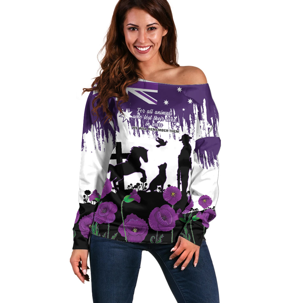 Australia Animal Heroes ANZAC Off Shoulder Sweater Purple Poppy We Will Remember Them - Vibe Hoodie Shop