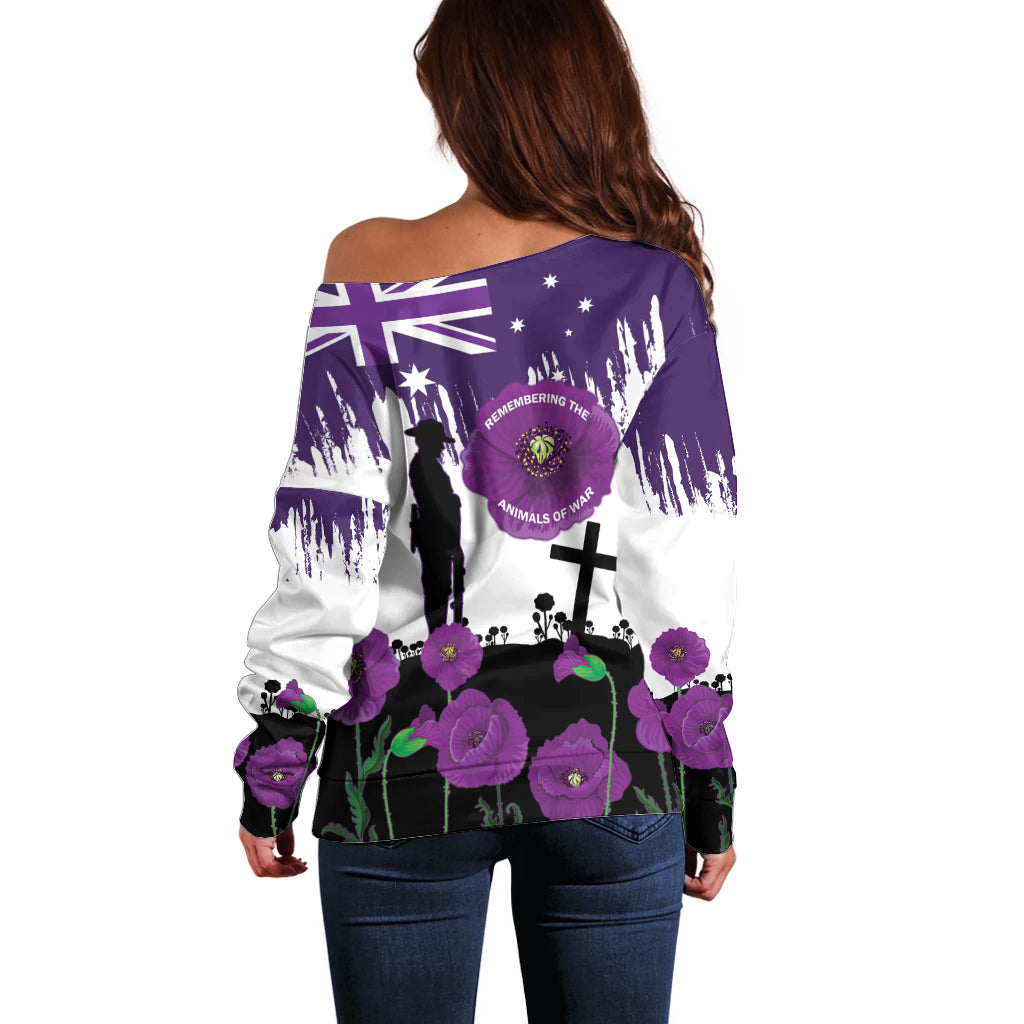Australia Animal Heroes ANZAC Off Shoulder Sweater Purple Poppy We Will Remember Them - Vibe Hoodie Shop