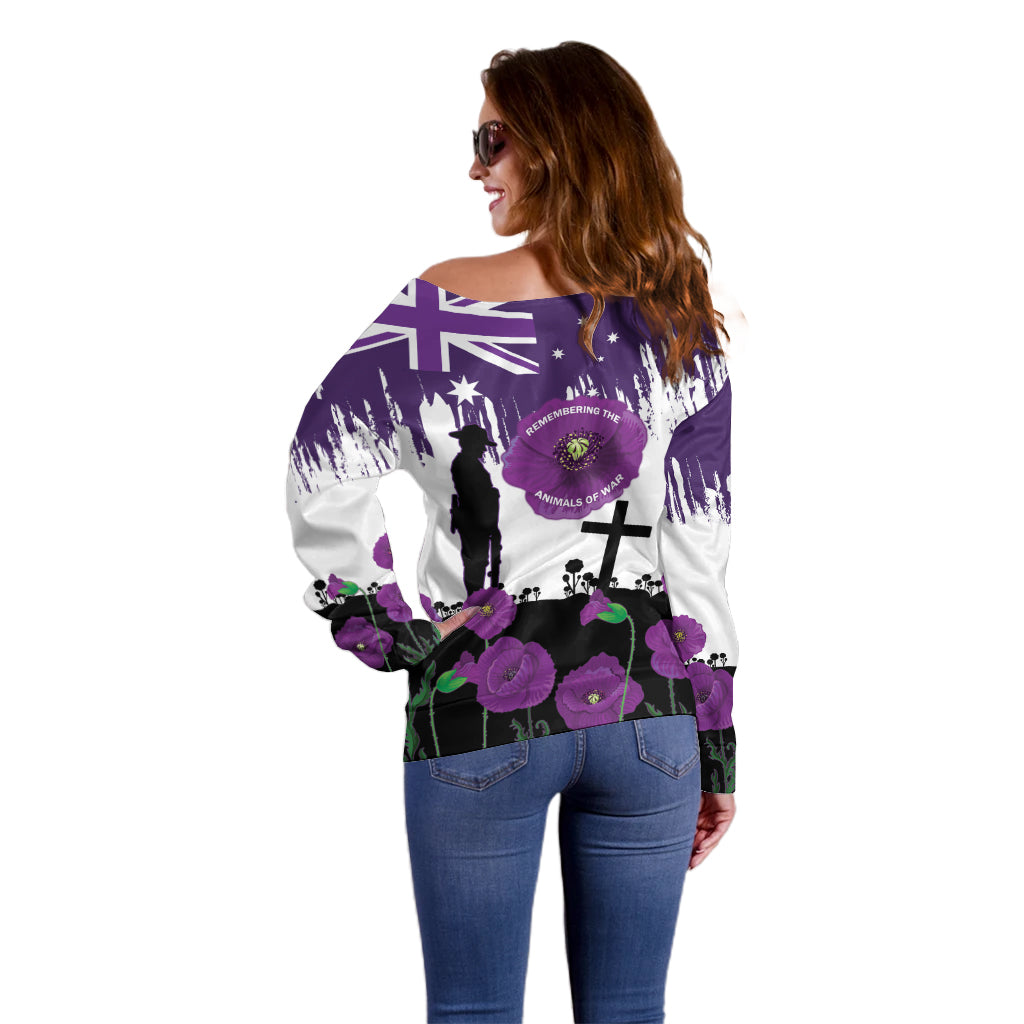 Australia Animal Heroes ANZAC Off Shoulder Sweater Purple Poppy We Will Remember Them - Vibe Hoodie Shop