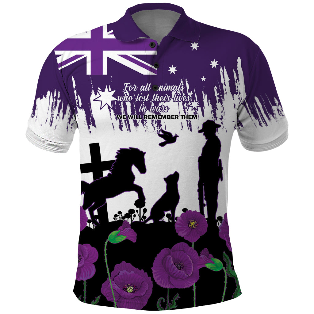 Australia Animal Heroes ANZAC Polo Shirt Purple Poppy We Will Remember Them - Vibe Hoodie Shop