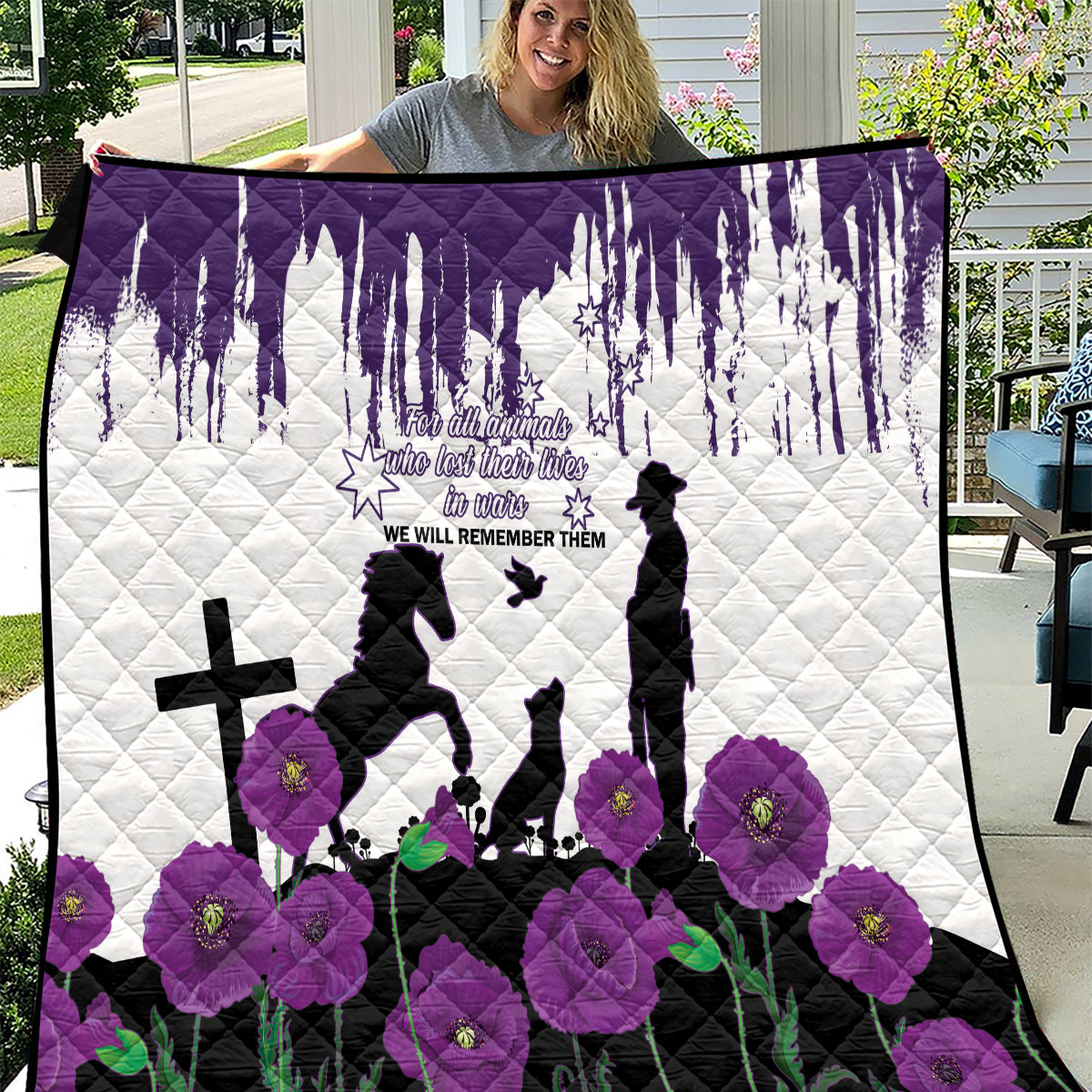 Australia Animal Heroes ANZAC Quilt Purple Poppy We Will Remember Them - Vibe Hoodie Shop
