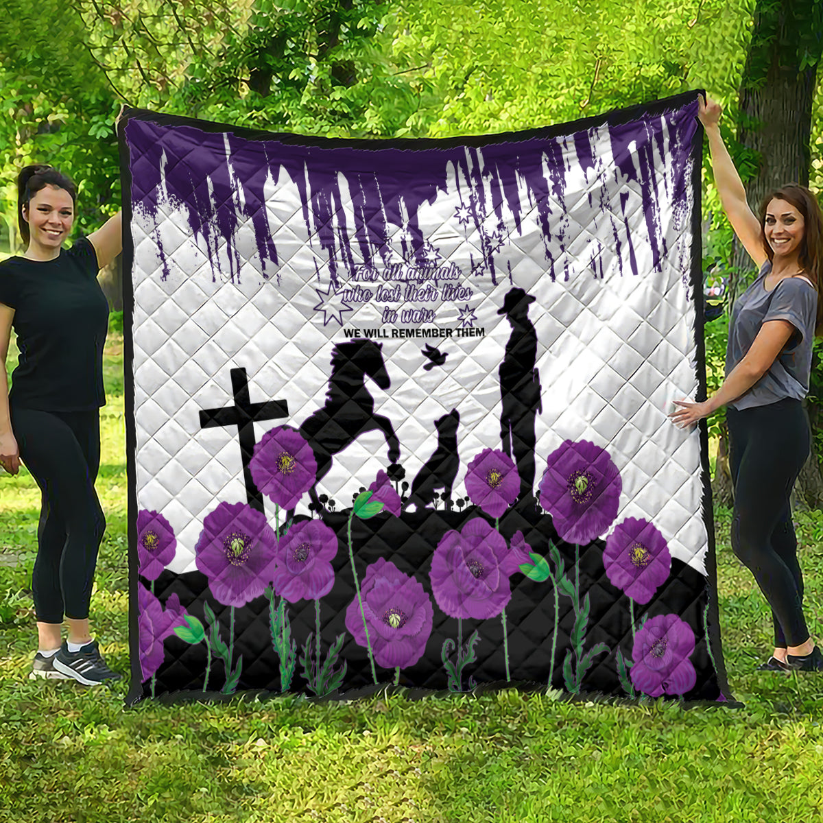 Australia Animal Heroes ANZAC Quilt Purple Poppy We Will Remember Them - Vibe Hoodie Shop