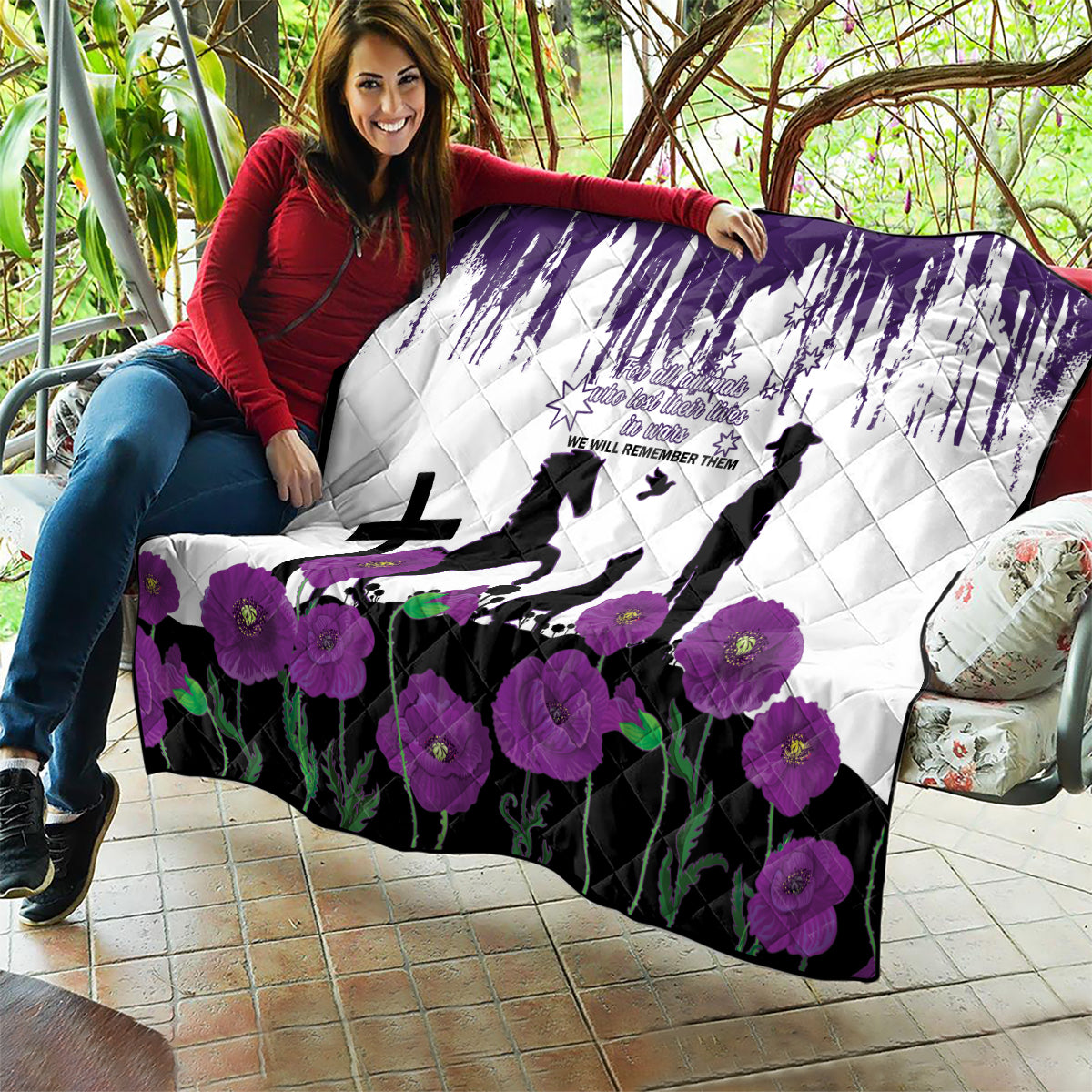 Australia Animal Heroes ANZAC Quilt Purple Poppy We Will Remember Them - Vibe Hoodie Shop