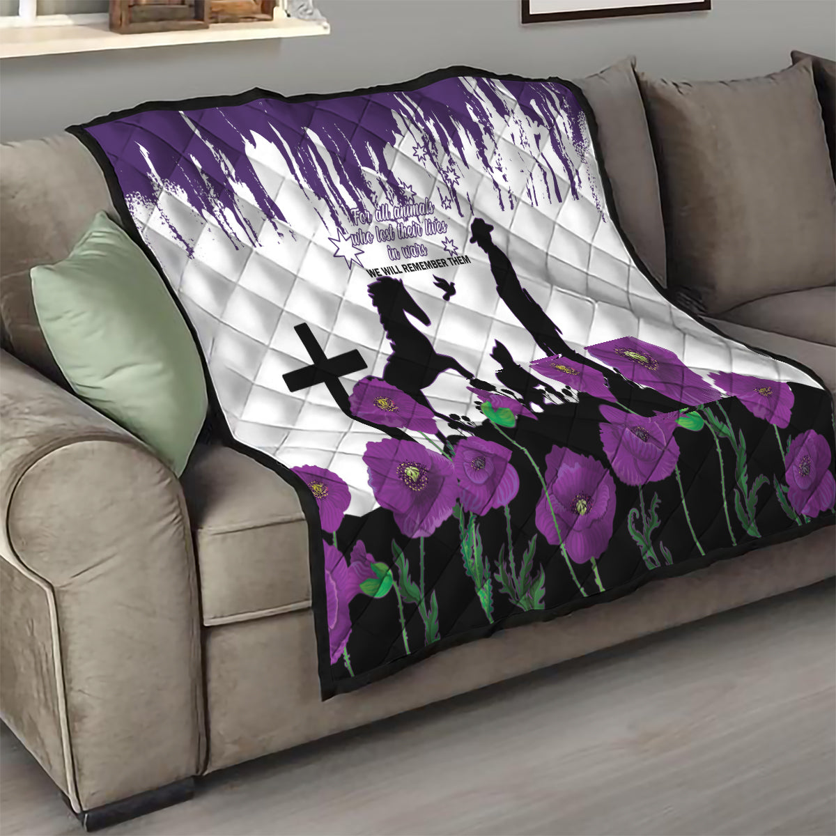 Australia Animal Heroes ANZAC Quilt Purple Poppy We Will Remember Them - Vibe Hoodie Shop