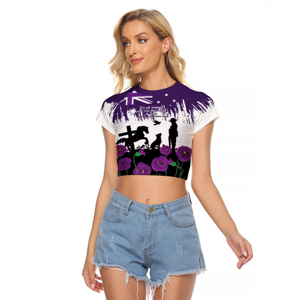 Australia Animal Heroes ANZAC Raglan Cropped T Shirt Purple Poppy We Will Remember Them - Vibe Hoodie Shop