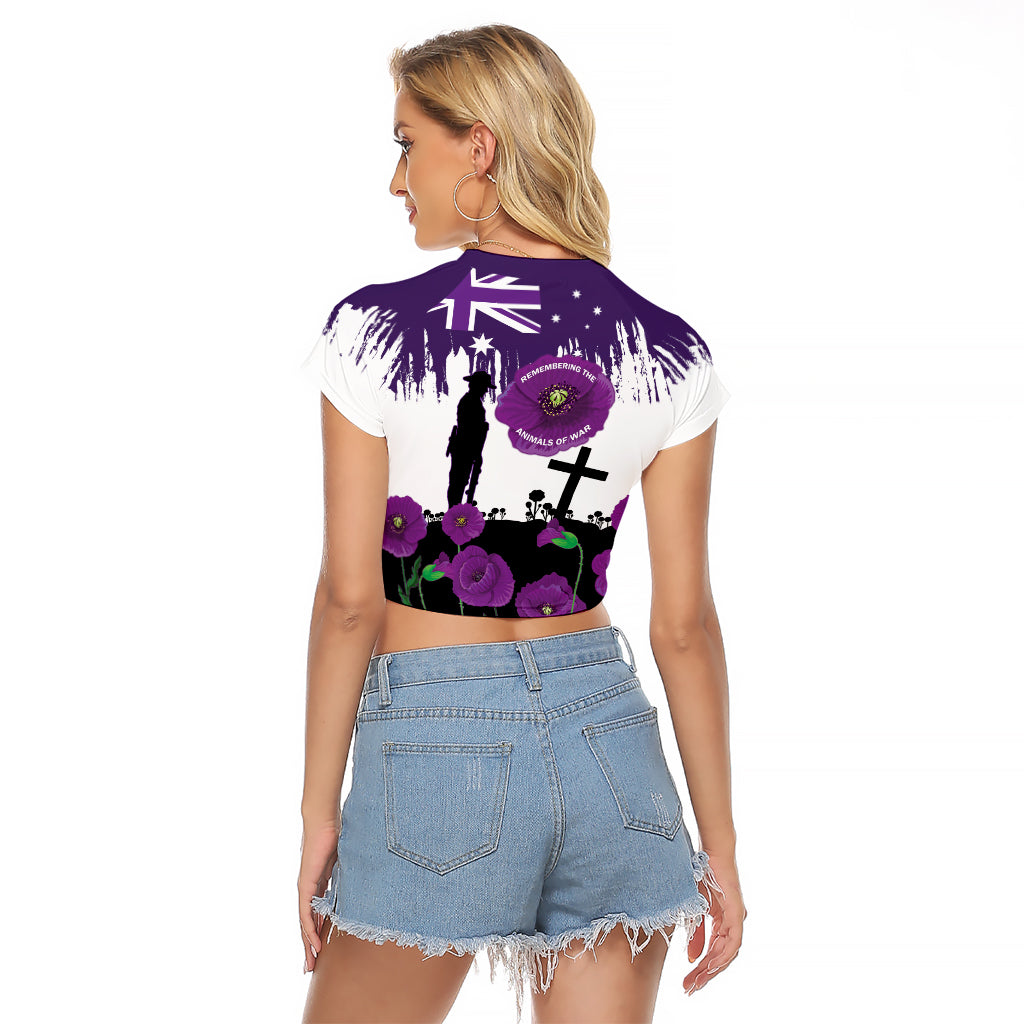 Australia Animal Heroes ANZAC Raglan Cropped T Shirt Purple Poppy We Will Remember Them - Vibe Hoodie Shop