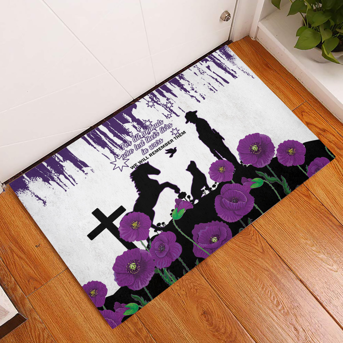 Australia Animal Heroes ANZAC Rubber Doormat Purple Poppy We Will Remember Them