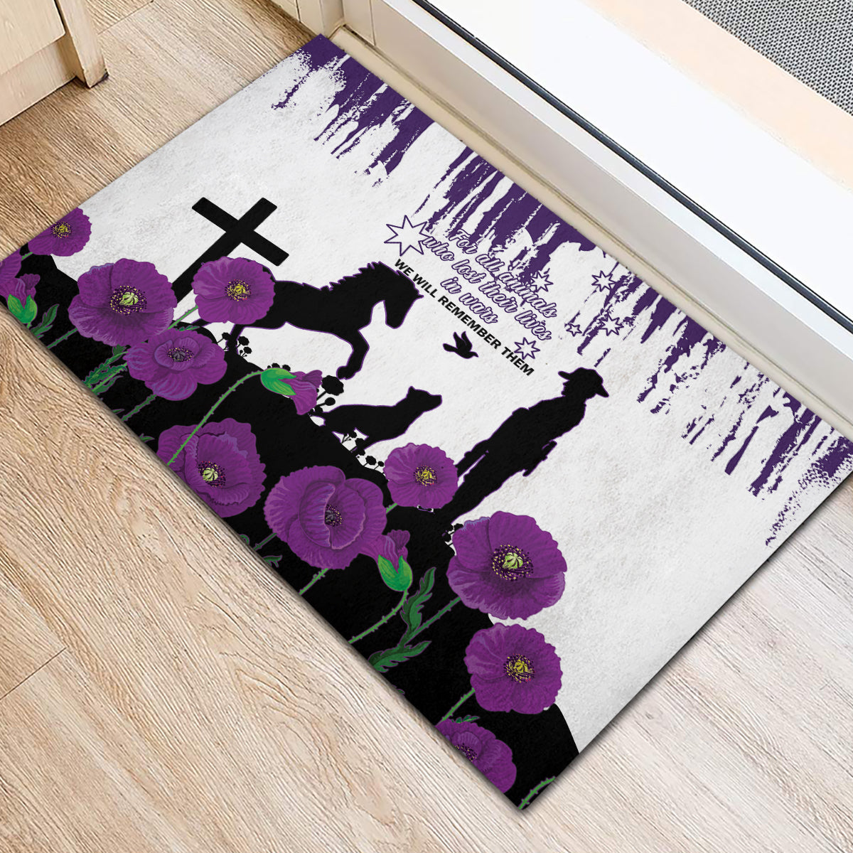 Australia Animal Heroes ANZAC Rubber Doormat Purple Poppy We Will Remember Them