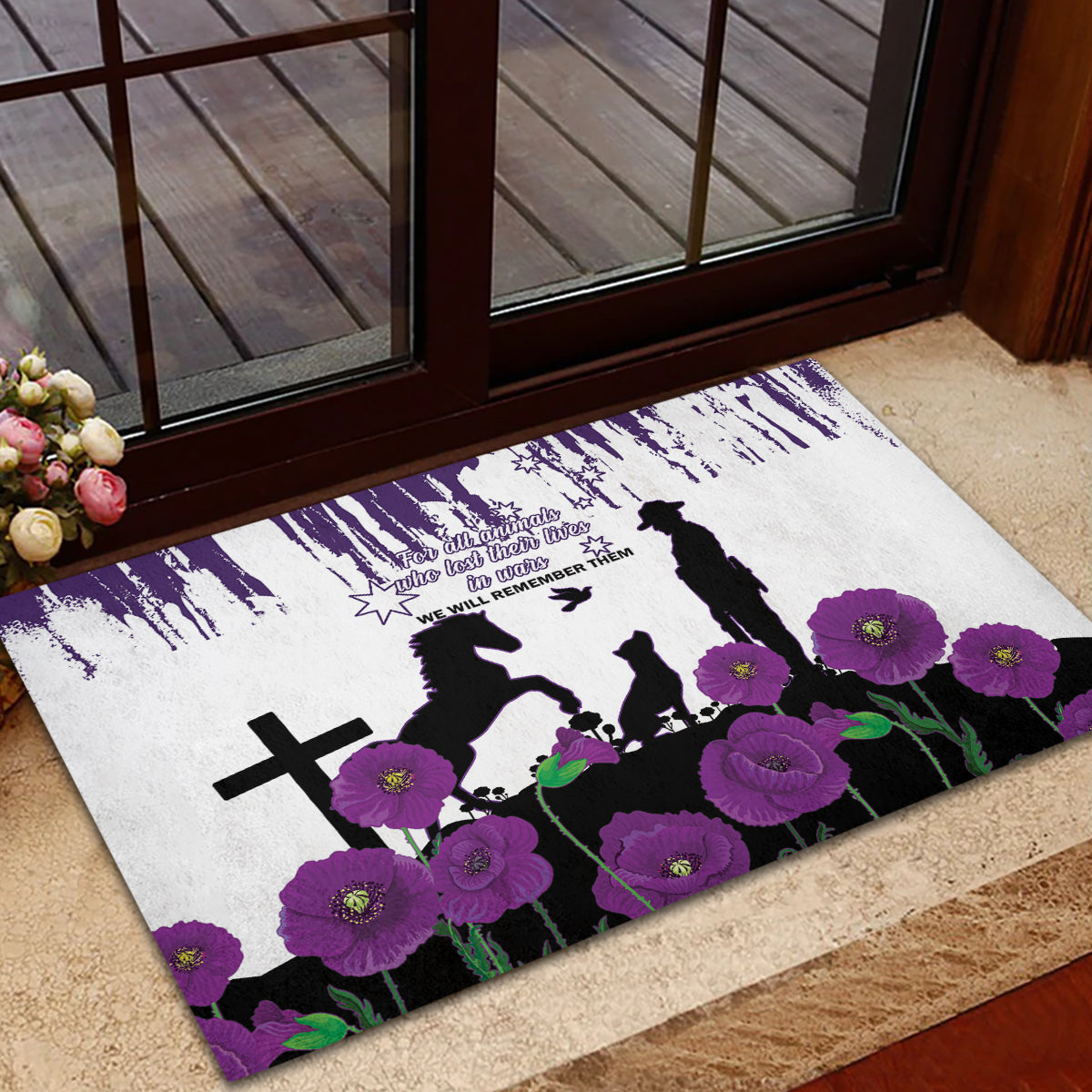 Australia Animal Heroes ANZAC Rubber Doormat Purple Poppy We Will Remember Them