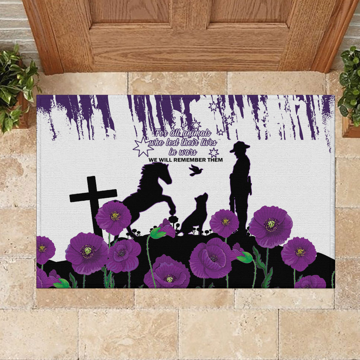 Australia Animal Heroes ANZAC Rubber Doormat Purple Poppy We Will Remember Them