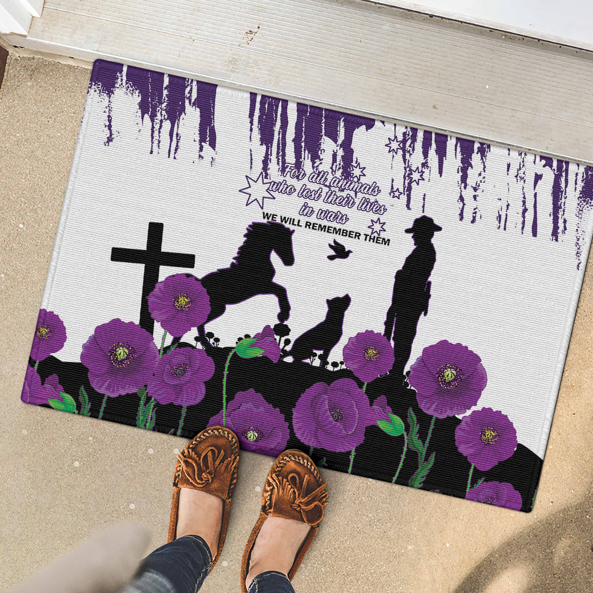 Australia Animal Heroes ANZAC Rubber Doormat Purple Poppy We Will Remember Them