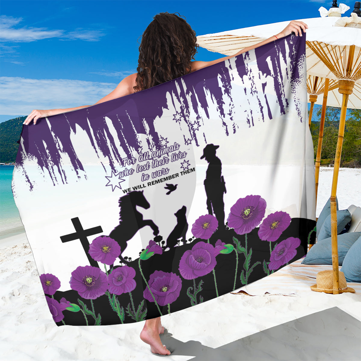 Australia Animal Heroes ANZAC Sarong Purple Poppy We Will Remember Them - Vibe Hoodie Shop