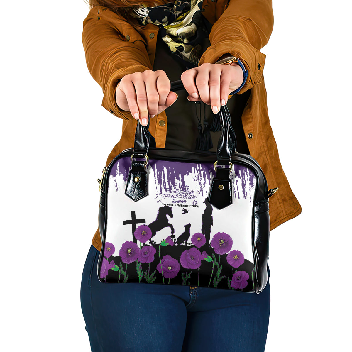 Australia Animal Heroes ANZAC Shoulder Handbag Purple Poppy We Will Remember Them - Vibe Hoodie Shop