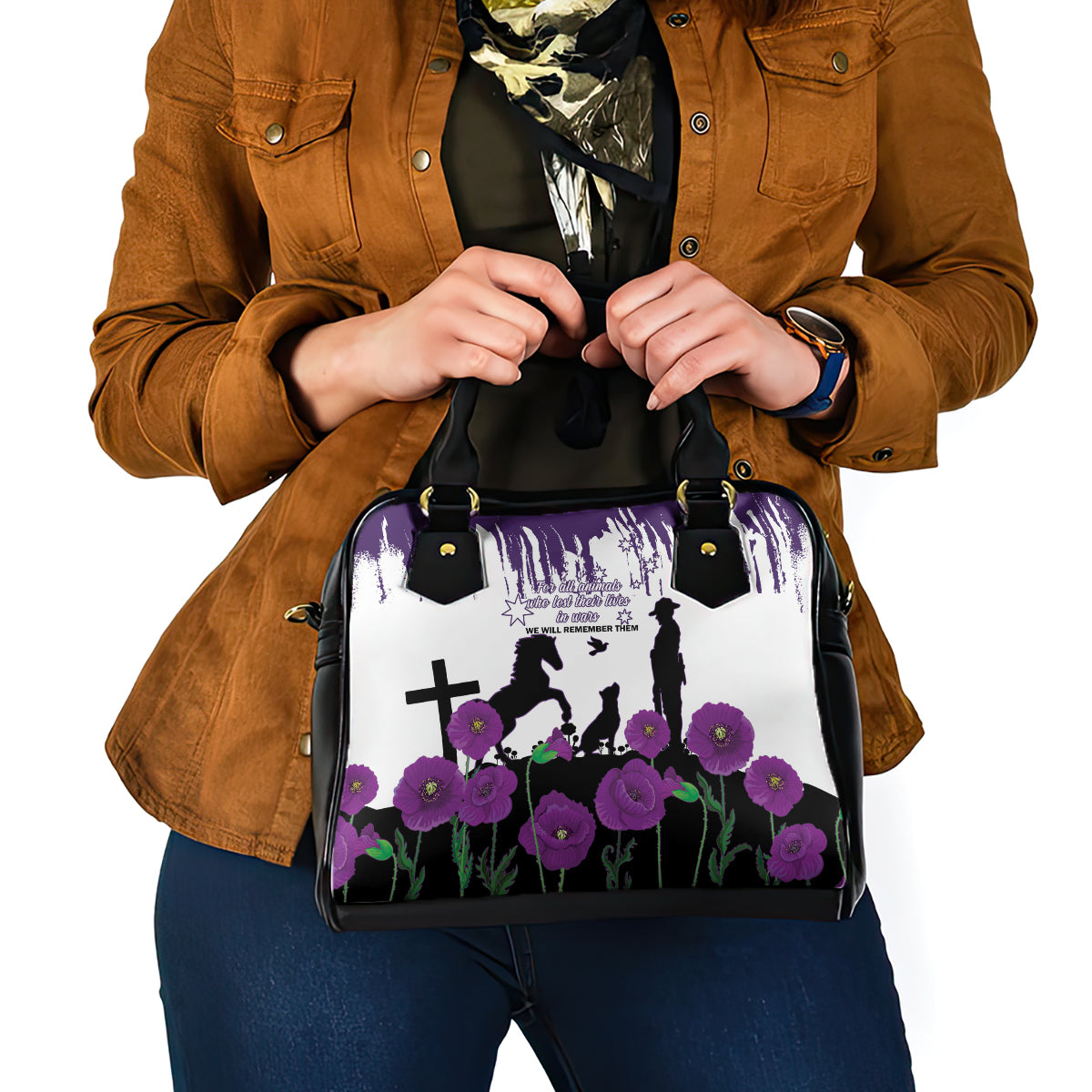 Australia Animal Heroes ANZAC Shoulder Handbag Purple Poppy We Will Remember Them - Vibe Hoodie Shop