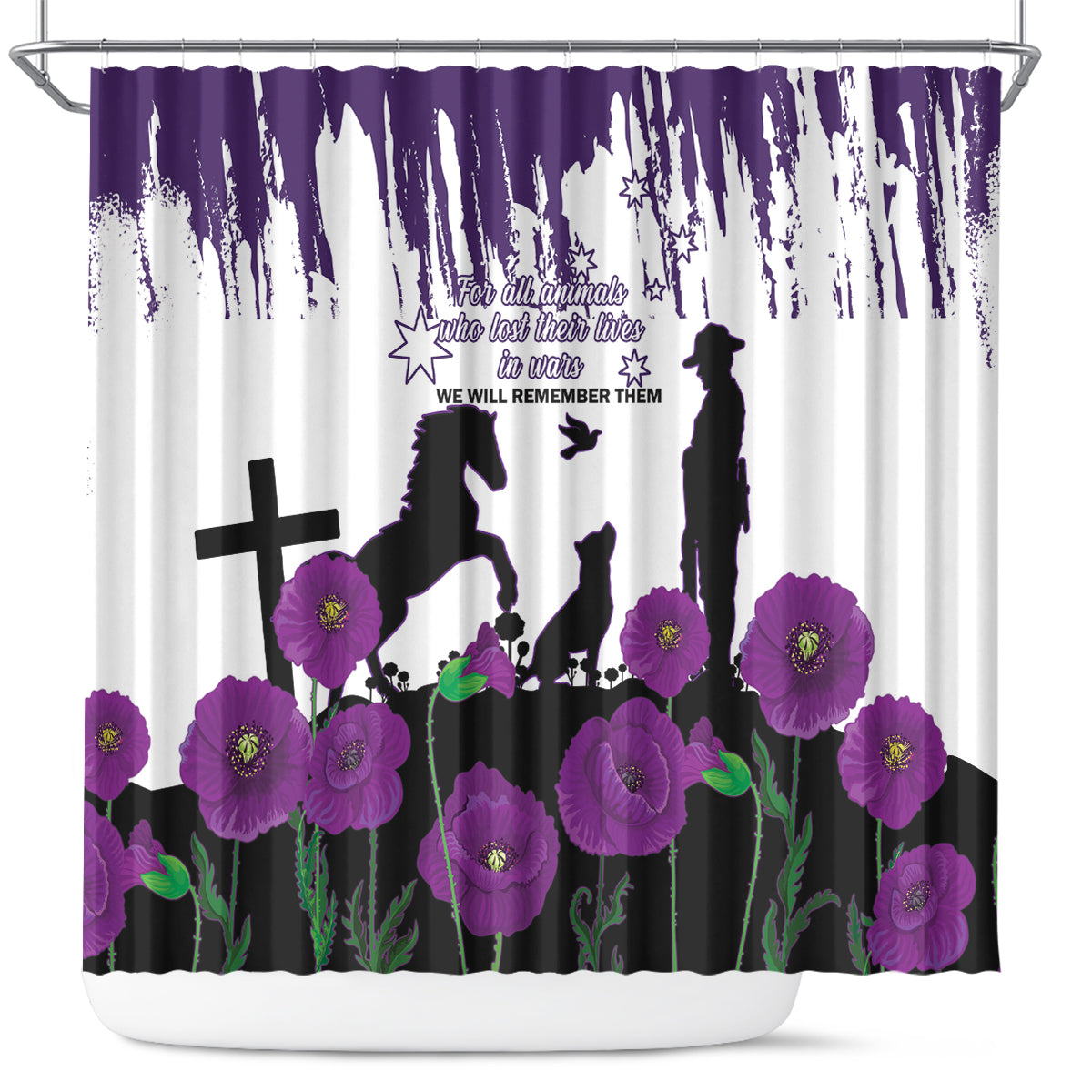 Australia Animal Heroes ANZAC Shower Curtain Purple Poppy We Will Remember Them