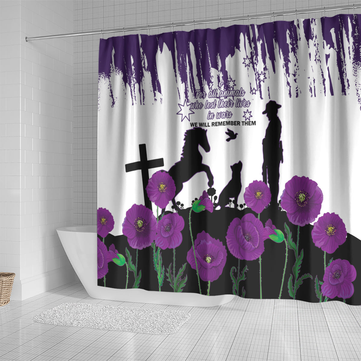 Australia Animal Heroes ANZAC Shower Curtain Purple Poppy We Will Remember Them