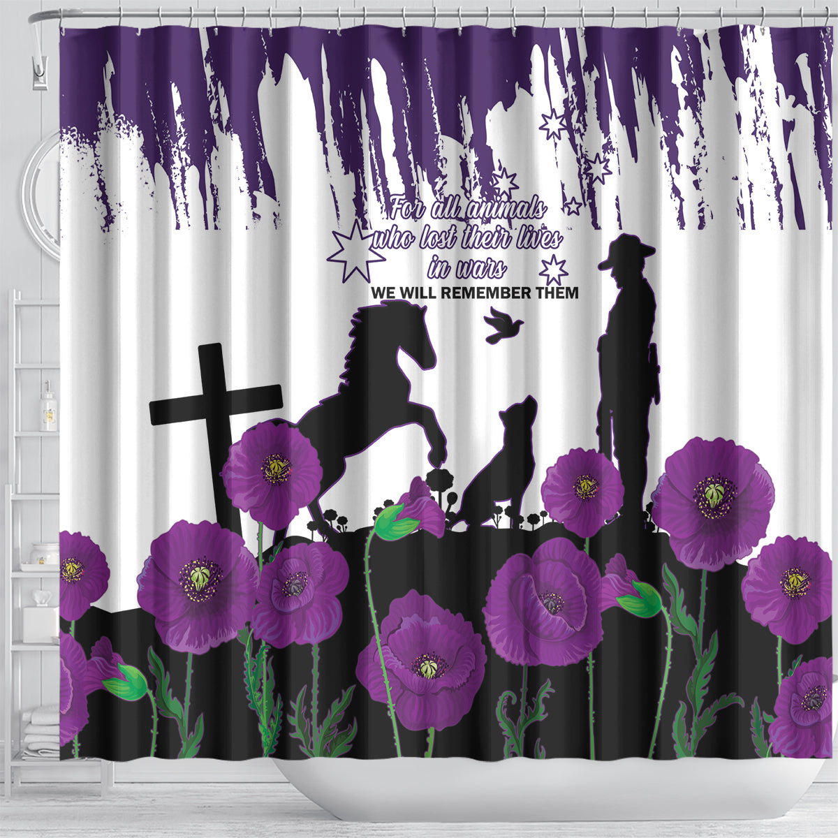 Australia Animal Heroes ANZAC Shower Curtain Purple Poppy We Will Remember Them