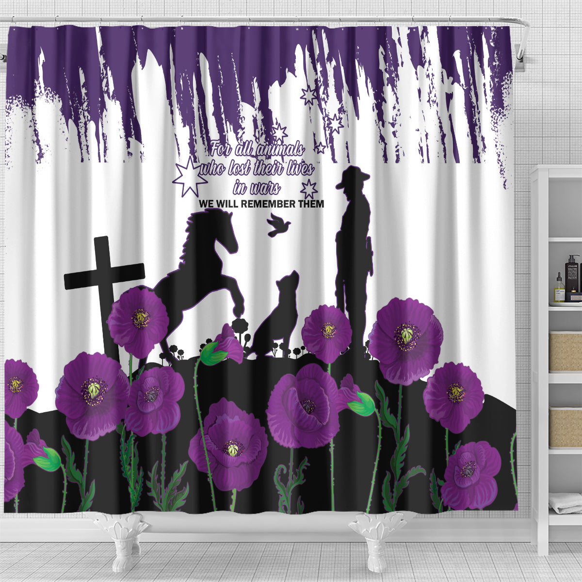Australia Animal Heroes ANZAC Shower Curtain Purple Poppy We Will Remember Them